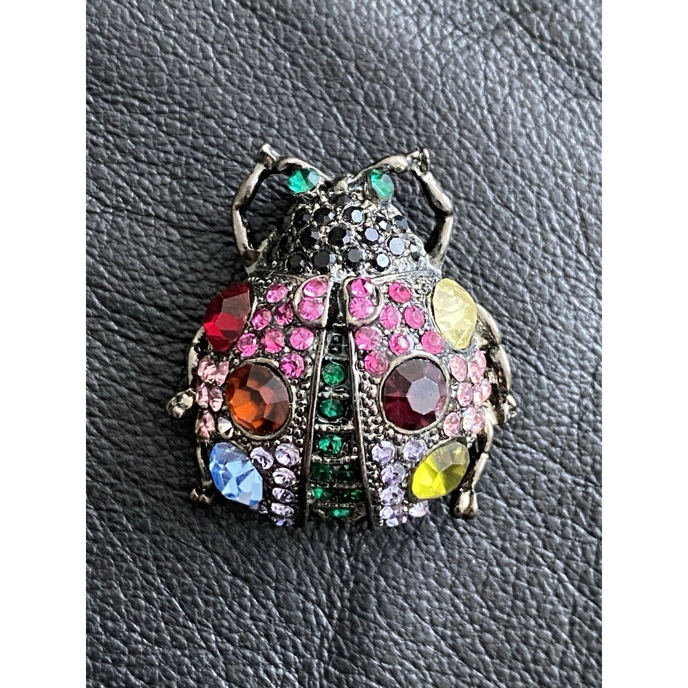 VNTG Gun Metal Multicolor Crystals Lady Bug Glam Brooch in Your Garden Theme